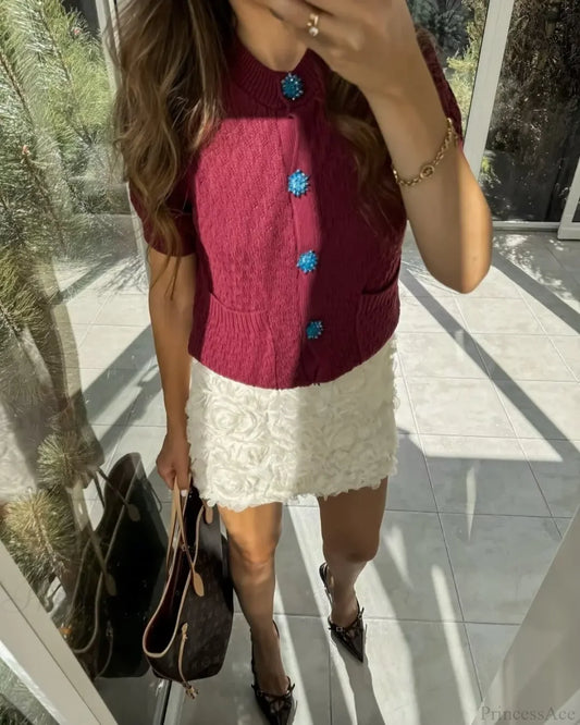 Jewelry Button Short Sleeve Round Neck Cardigan Dark red / S