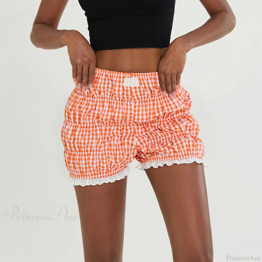 Kawaii Lace Hem Plaid Bloomer Short Orange / S short-250223