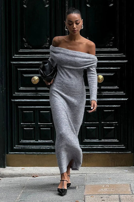 Knit Fitted Off Shoulder Long Sleeve Maxi Dress Grey / S