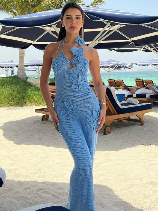Knit Halter Blue 3D Flowers Vacation Dress vacationdress-250223
