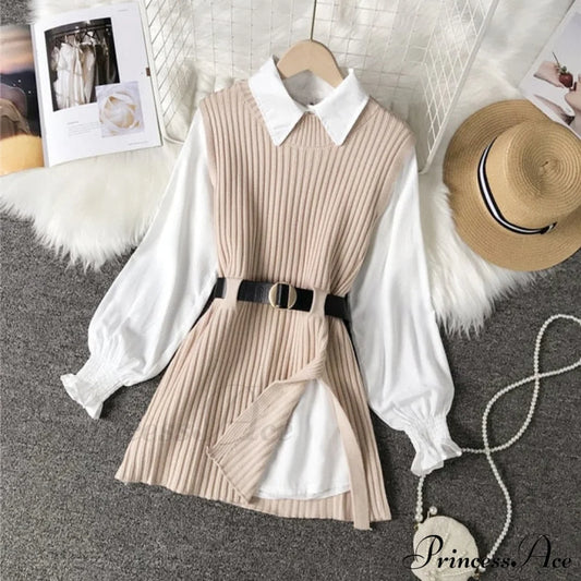 Knitted Set Waistband Style Blouse Top - Women’s Lantern College And Vest Arm Uk900 Apricot / One