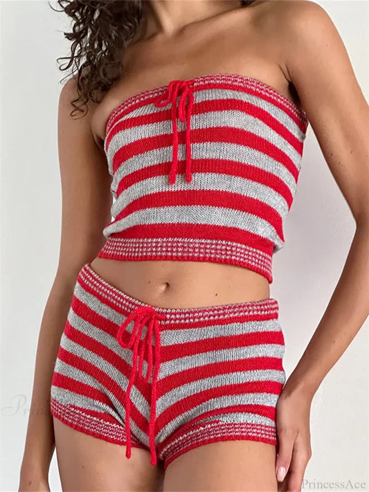 Knitted Striped Off Shoulder Crop Tube Top with Drawstring Shorts Set RED / S twopiecesset-250126