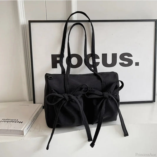 Korean Bow Nylon Foldable Shoulder Bag Black shoulder-250126