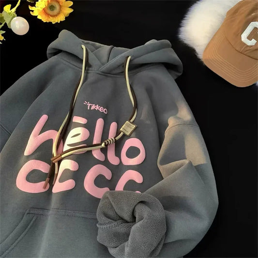 Korean Fashion Letter Printed Fleece Hoodie