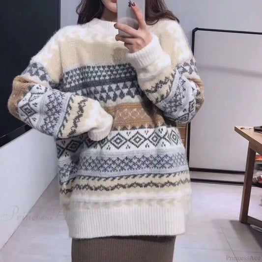 Korean Style Striped Loose Pullover Sweater White / One Size