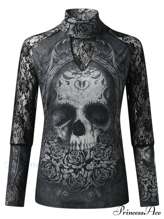 Lace Arm Skull Design Women’s Black Neck Long High T-Shirt