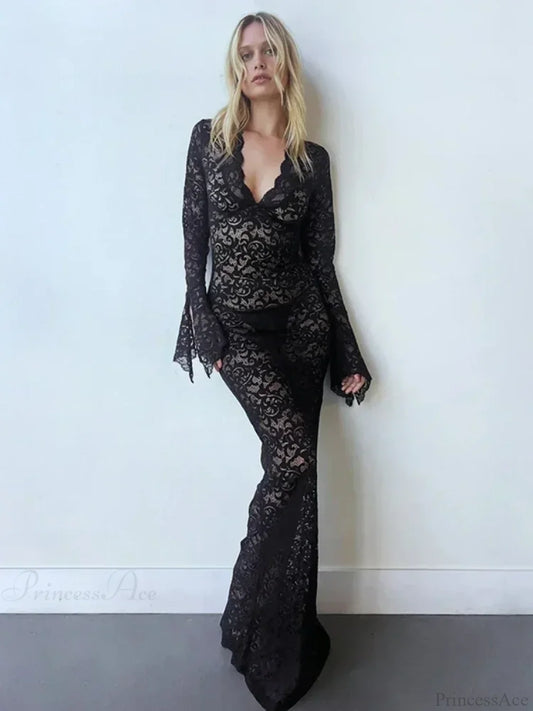 Lace Deep V Neck Flared Sleeve Vacation Dress Black / S vacationdress-250223