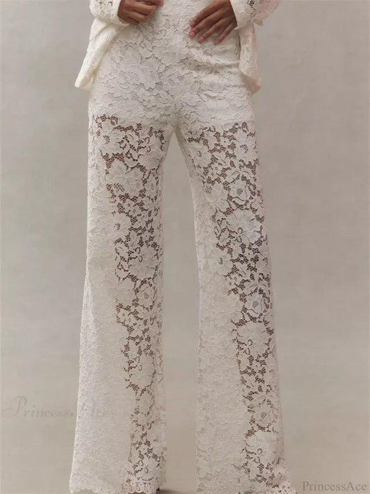 Lace Floral Loose Wide Leg See-Through Mesh Pant White / S pant-250223