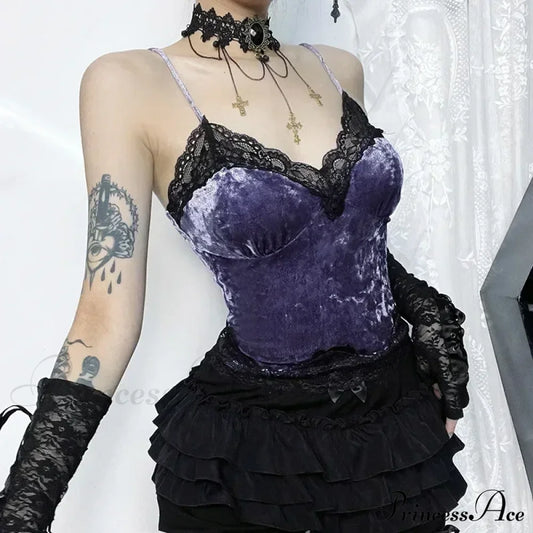Lace Gothic Aesthetic Velvet Grunge Punk Bodycon V-Neck Elegant Classic Crop Top Purple / S