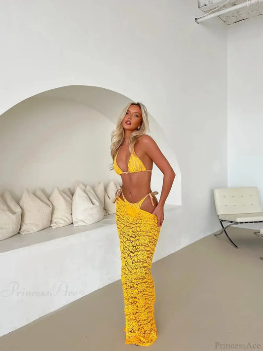 Lace Halter Skirt Three Piece Swimsuit yellow / S