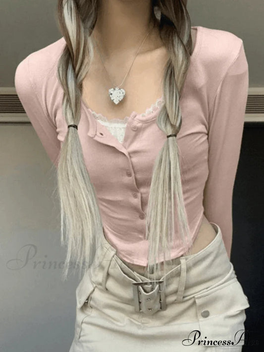 Lace Patchwork Graceful Crop Blouse Pink / S Sweaters