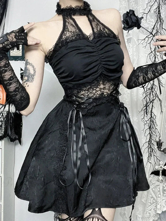 Lace Patchwork Halter Mini Dress Black / XS