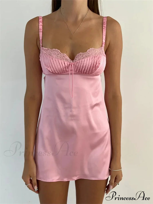 Lace Patchwork Ruched Vintage Sleeveless Strap Backless Mini Dress Pink / S