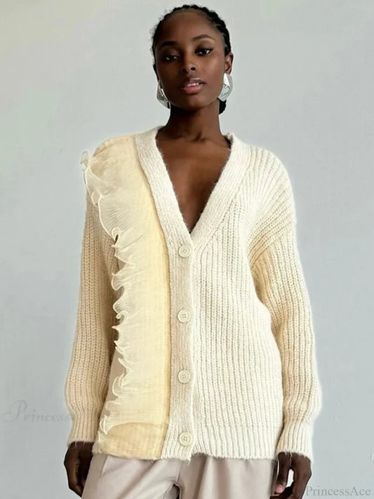 Lace Patchwork V-neck Ribbed Cardigan Creamy-white / S