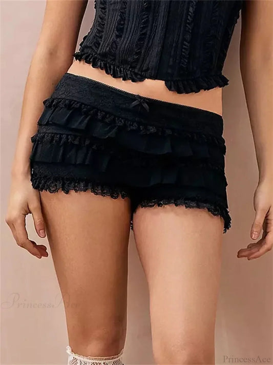 Lace Ruffle Elastic Waist Short black / S short-250223