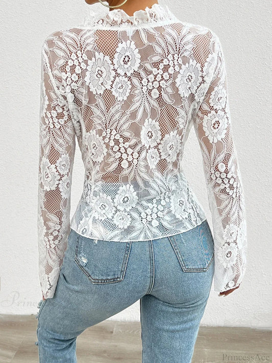 Lace See-Through Sexy Long Sleeve Blouse blouse-250126