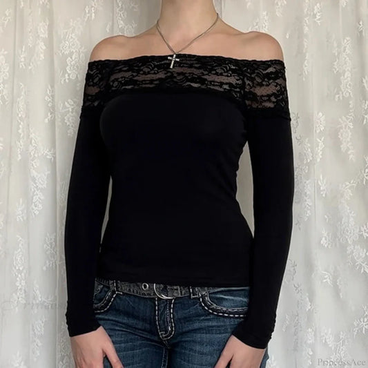 Lace Slash Neck Knit Top Black / S