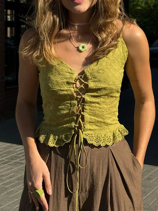 Lace Sleeveless V-neck Criss-cross Tie-up Crop Top GREEN / S croptop-250126