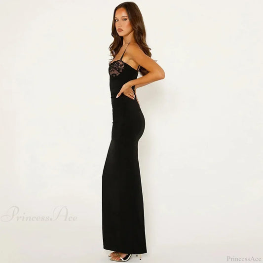 Lace Trim Backless Maxi Party Dress Partydress-241208