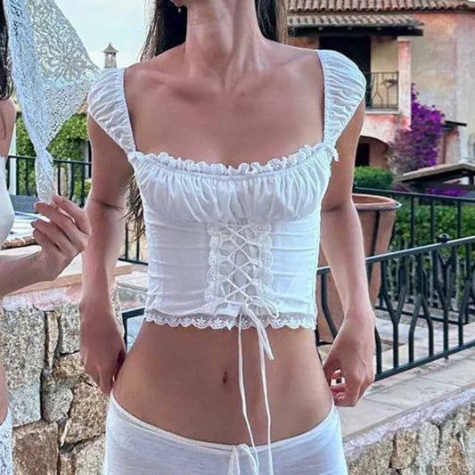 Lace Trim Tie Front Square Neck Crop Top WHITE / S croptop-250126