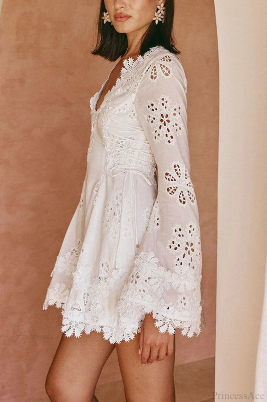 Lace Trim V-Neck Tie Mini Dress