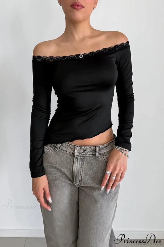 Lace Trimmed Off Shoulder Slim Long Sleeve Tee