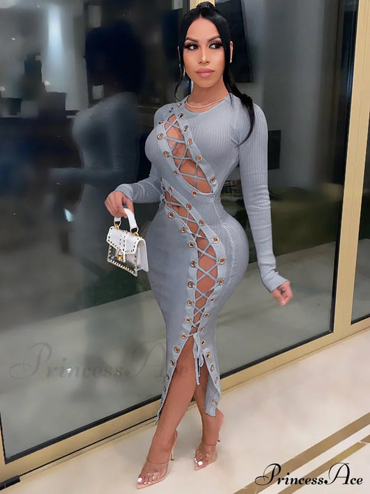 Lace Up Knitted Trendy Crop Cami Top Grey / L Dresses