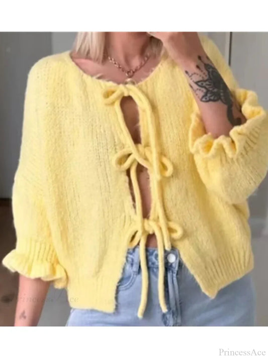 Lace-Up Petal Sleeve Thick Knit O-Neck Cardigan BB SW6295 / S cardiagn-250126