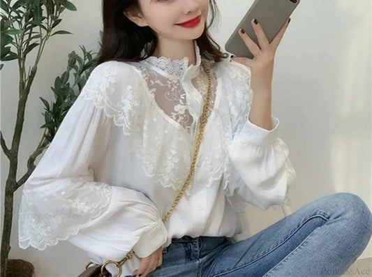 Lace Up Ruffled Sweet Loose Spring Blouse WHITE / S blouse-250126