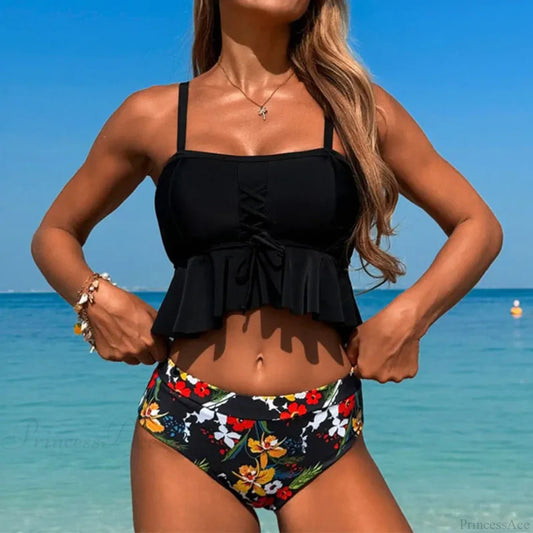 Lace Up Spaghetti Strap Two Piece Set Black / S