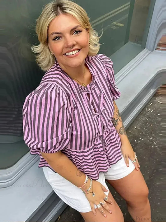 Lace Up Striped O-neck Loose Short Sleeve Blouse Purple / S blouse-250126