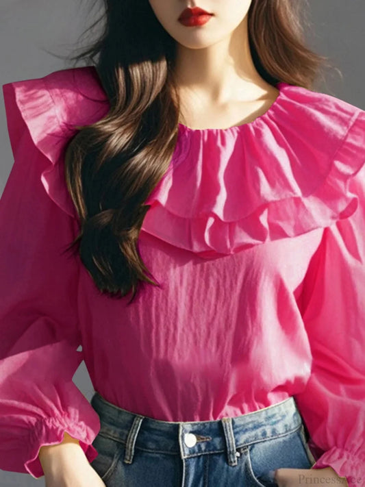 Lantern Sleeve Ruffled Round Neck Blouse Dark Pink / S blouse-250126