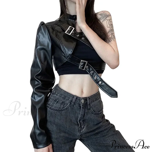 Leather Goth Punk Emo Stylish Elegant Classic Trendy Unique Crop Top Black / S