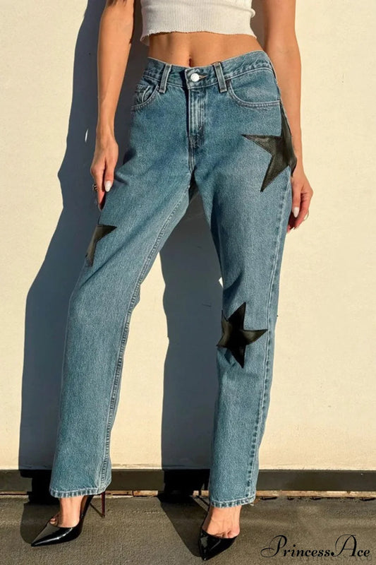 Leather Star Patchwork Straight Leg Jeans Blue / S