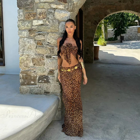Leopard Bow Long Skirt Three Piece Swimsuit
