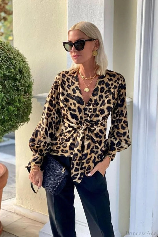 Leopard Print V-Neck Tie Long Sleeve Blouse Brown / S