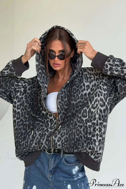 Leopard Print Zip Color-Block Hoodie Grey / S