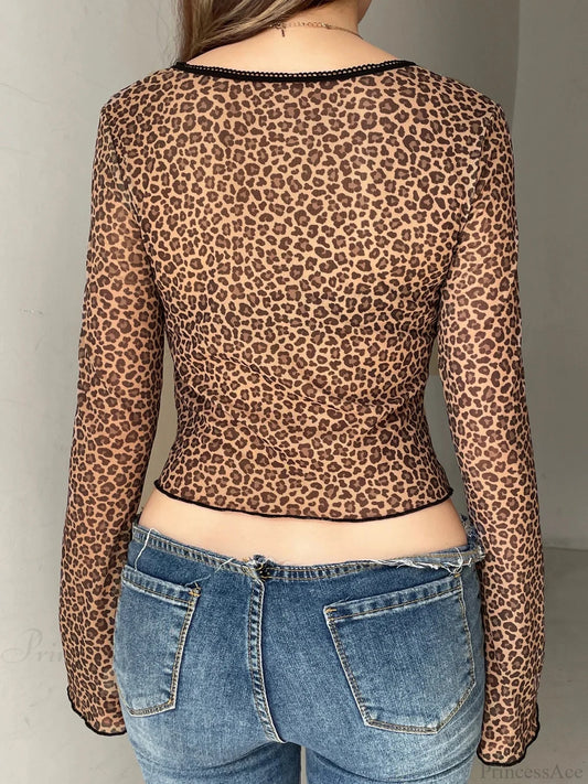 Leopard Split Mesh Slim Square Collar Long Sleeve Knit Top knittop-250126