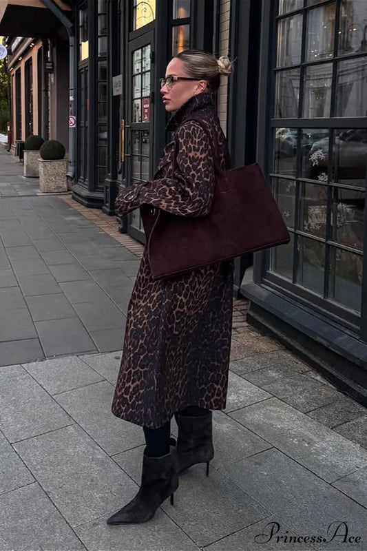 Leopard Stand Collar Stylish Long Overcoat