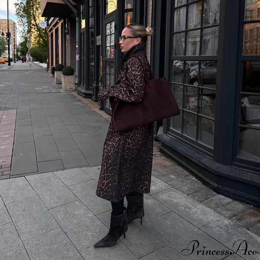 Leopard Stand Collar Stylish Long Overcoat Brown / S