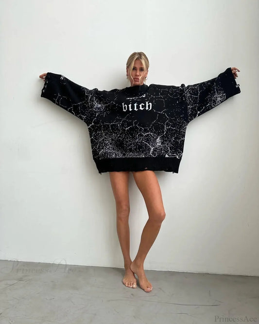 Letter Embroidery Lazy Style Sweater Black / One Size