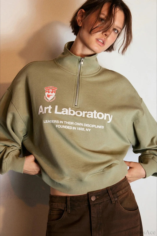 Letter Print Half Zip Stand Collar Loose Sweatshirts Green / S