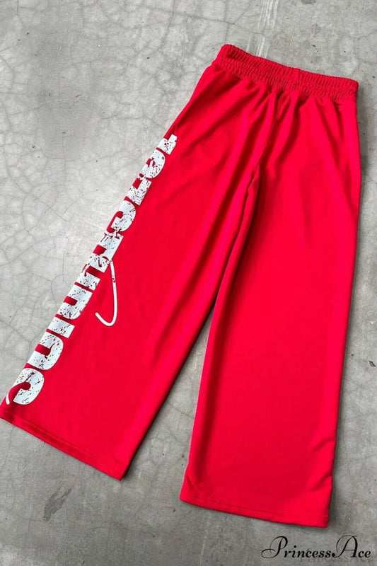 Letter Print Y2K Elastic Waist Straight Pants