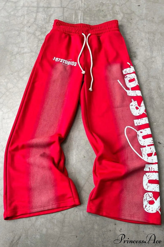 Letter Print Y2K Elastic Waist Straight Pants Red / S