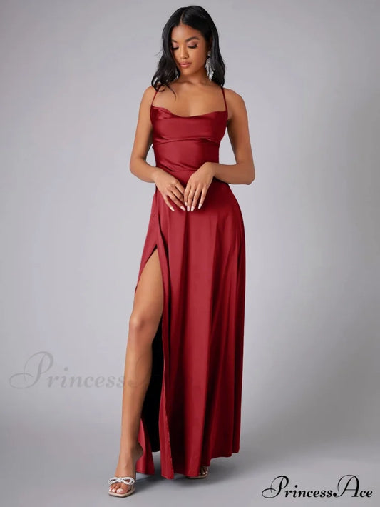 Lola High Stylish Slit Satin Dress Burgundy / S S.o. Long Dresses