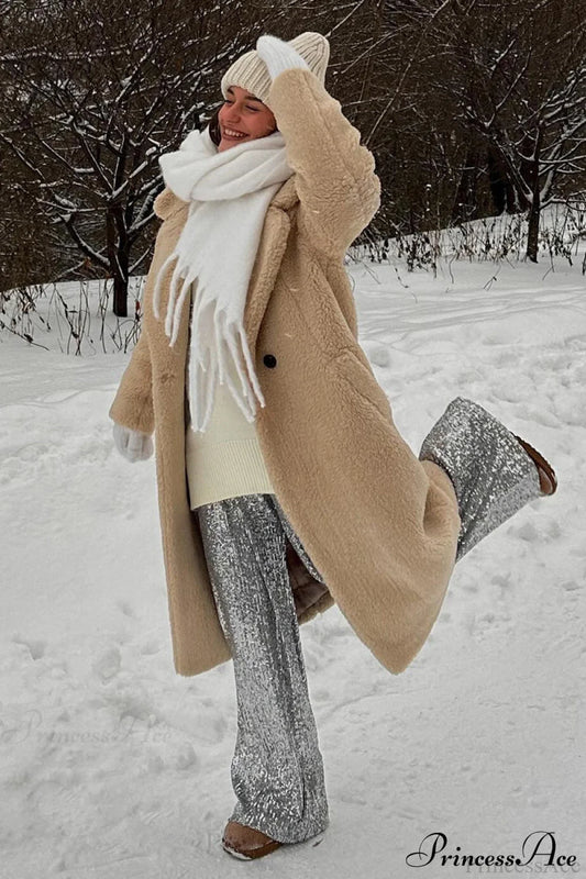 Long Fleece Sherpa Warm Fuzzy Overcoat Khaki / S