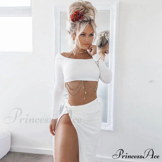 Long Sleeve Crop Top Modern & Sweater Dress Set M / White Matching Sets