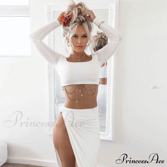 Long Sleeve Crop Top Modern & Sweater Dress Set S / White Matching Sets