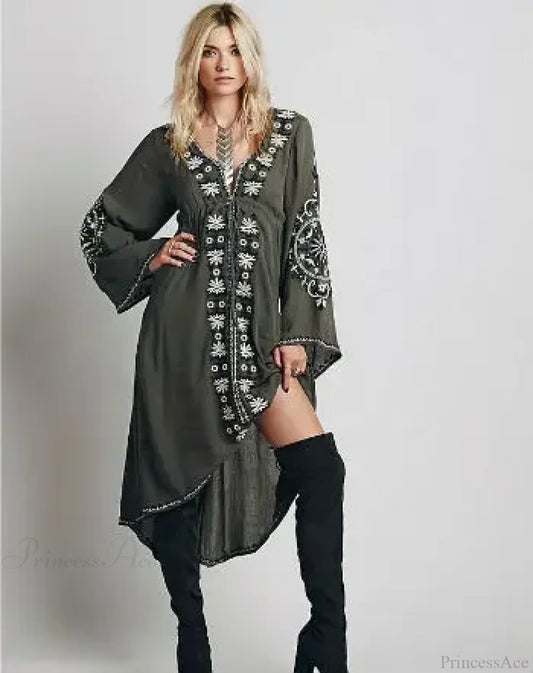 Long Sleeve Floral Embroidered Cotton Boho Dress Army green / S bohocoverup-250126