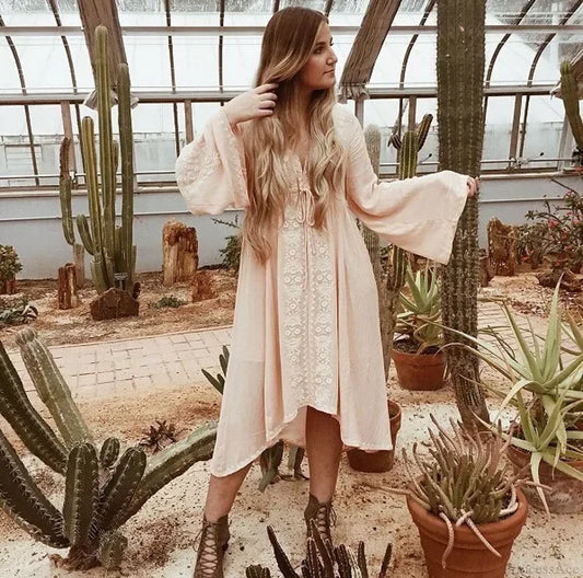 Long Sleeve Floral Embroidered Cotton Boho Dress bohocoverup-250126